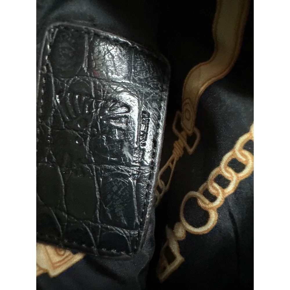 Anne Klein Black‎ Croc Embossed Wristlet Pouch Gold Tone Chain Strap Clutch